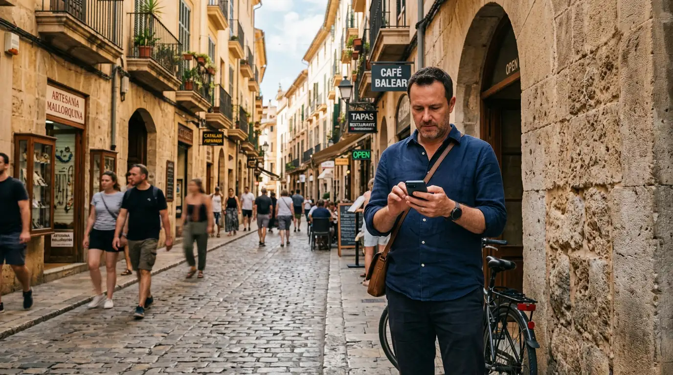 A landlord checking the Alquiler Riesgo Zero app in Palma’s old town