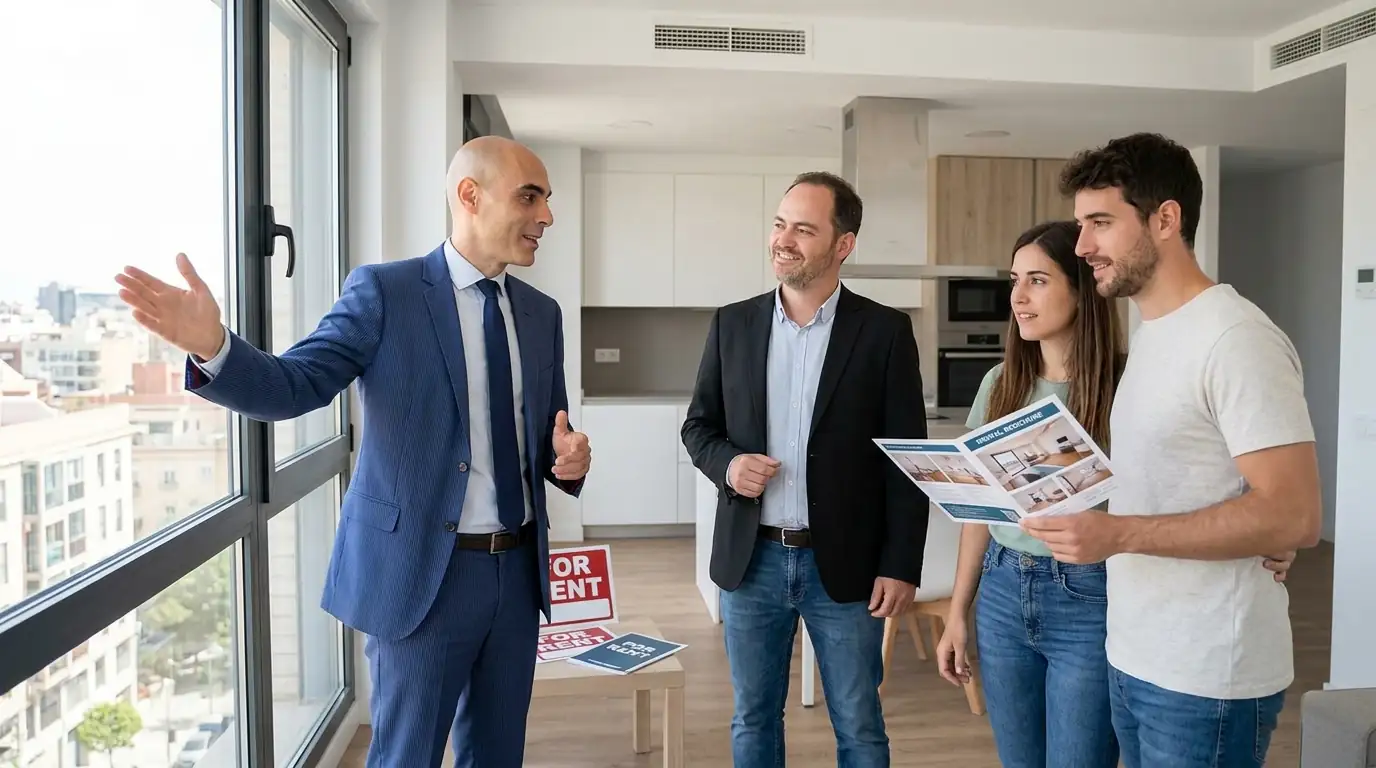 Agente de ARO mostrando una vivienda en alquiler a los futuros inquilinos